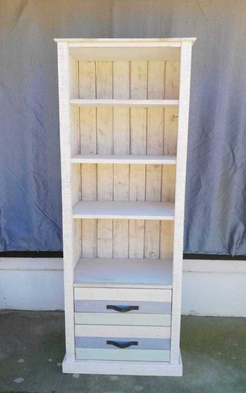 reclaimed wood bookshelve with storage drawers